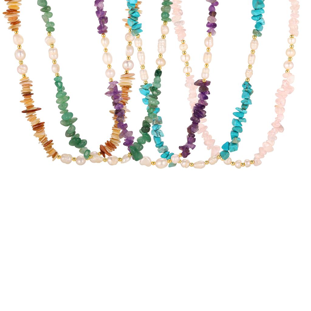 Natural Gemstone Chips Pearl Necklace for Women, Baroque Freshwater Bead Chain, Gold Plated Stainless Steel Jewelry Anti Tarnish