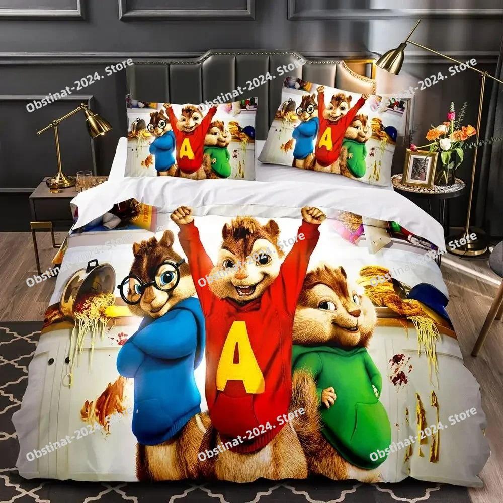 Set Biancheria da Letto 3D Cartone Animato C-Chipmunk A-Alvin Set Letto Stampato Copripiumino Lenzuolo Federa Letto Coperta Morbida Dimensioni Singolo Matrimoniale King