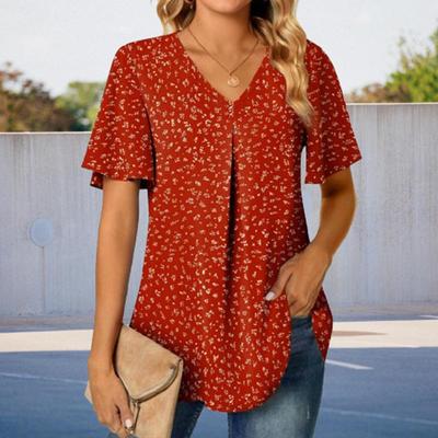 In-Stock Summer Floral V-Neck Loose Short Sleeve Orange Top