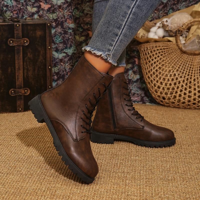 Fashion 2025 Cow Leather Quality Boots for Woman Autumn Winter Square Med Heel Ankle Boots Lace Up Zipper Botas Mujer Bottes Femmes