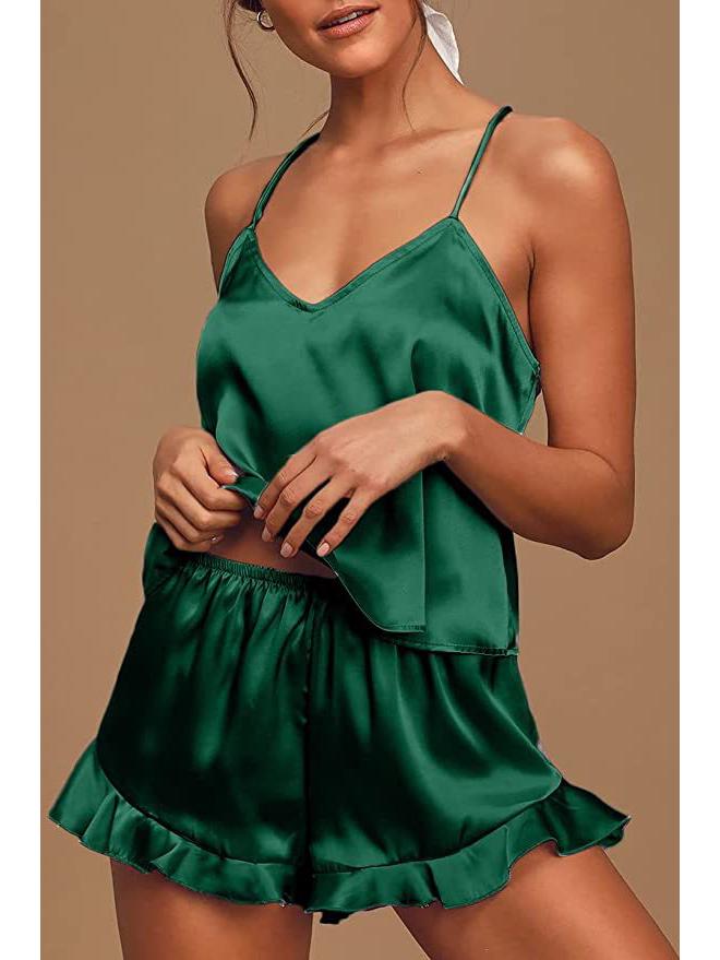 

Жіночий однотонний комплект для сну з V-подібним вирізом, майка та шорти зі штучного шовку XXXL