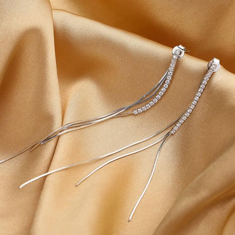 925 Silver Tassel Earrings Women Long Shiny Zircon Simple Fashion Jewelry Wedding Party Gift Birthday Present