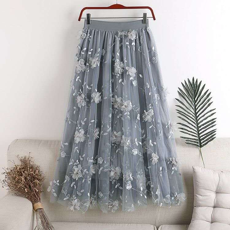 Moda Vita Elastica Applicazioni Ricamo Floreale Gonna Midi a Fiori Casual da Donna Vita Alta Estiva Coreana