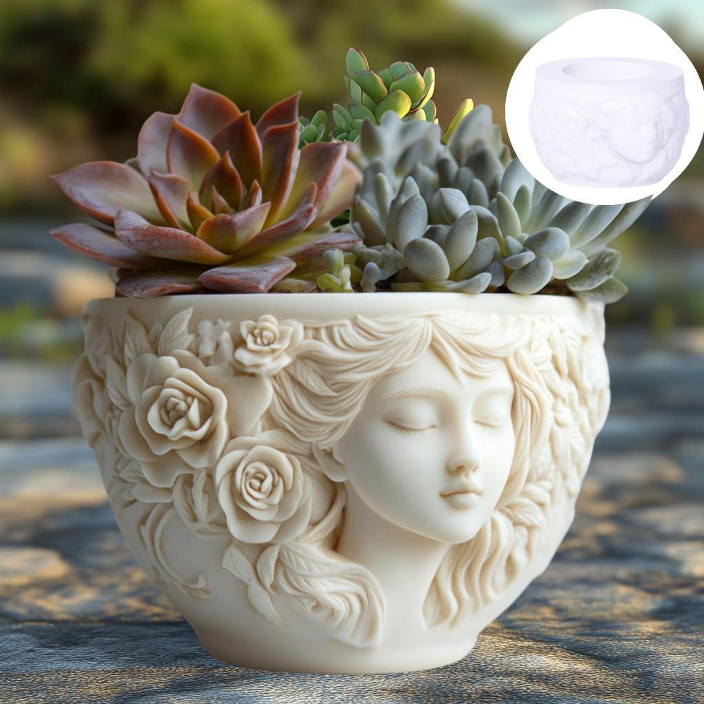 Goddess relief round succulent plant flowerpot resin silicone mould long haired rose woman flowerpot  storage box gypsum molds