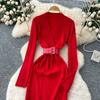 Spring Autumn Women Casual V-neck Full Sleeve Knitted Sweater Midi Pencil Dresses with Belt