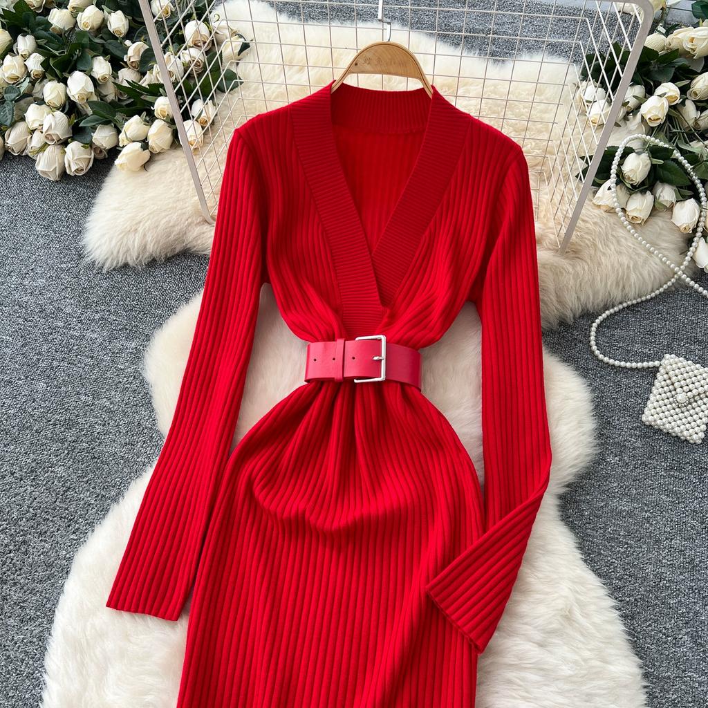 Spring Autumn Women Casual V-neck Full Sleeve Knitted Sweater Midi Pencil Dresses with Belt