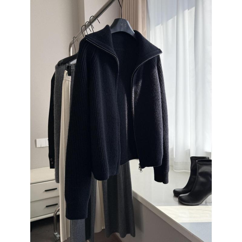 

navy blue zipper knitted cardigan sweater jacket women s new lazy style high-end winter women XL чорний
