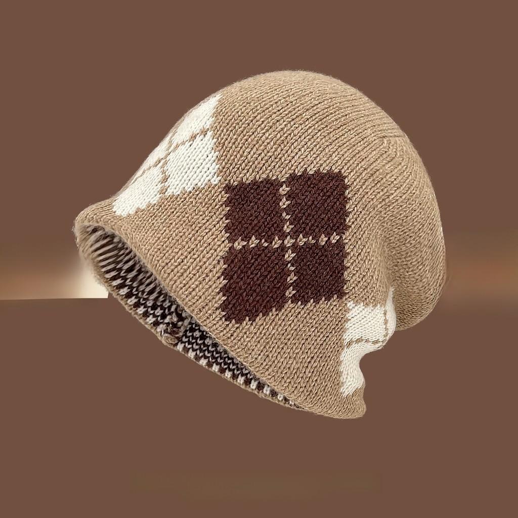 

Korean Geometric Color Block Wool Hat With Ear Coverage For Cold Weather Wear хаки