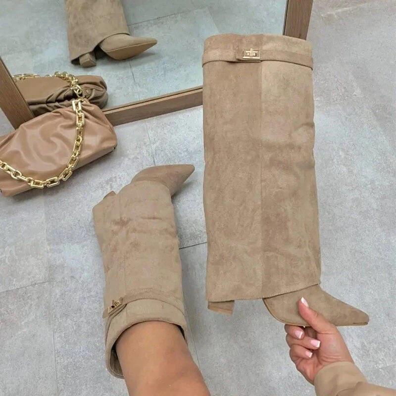 Bottes à talon bloc pointues pour femmes grande taille avec boucle métallique – Mi-longues, Mollets larges
