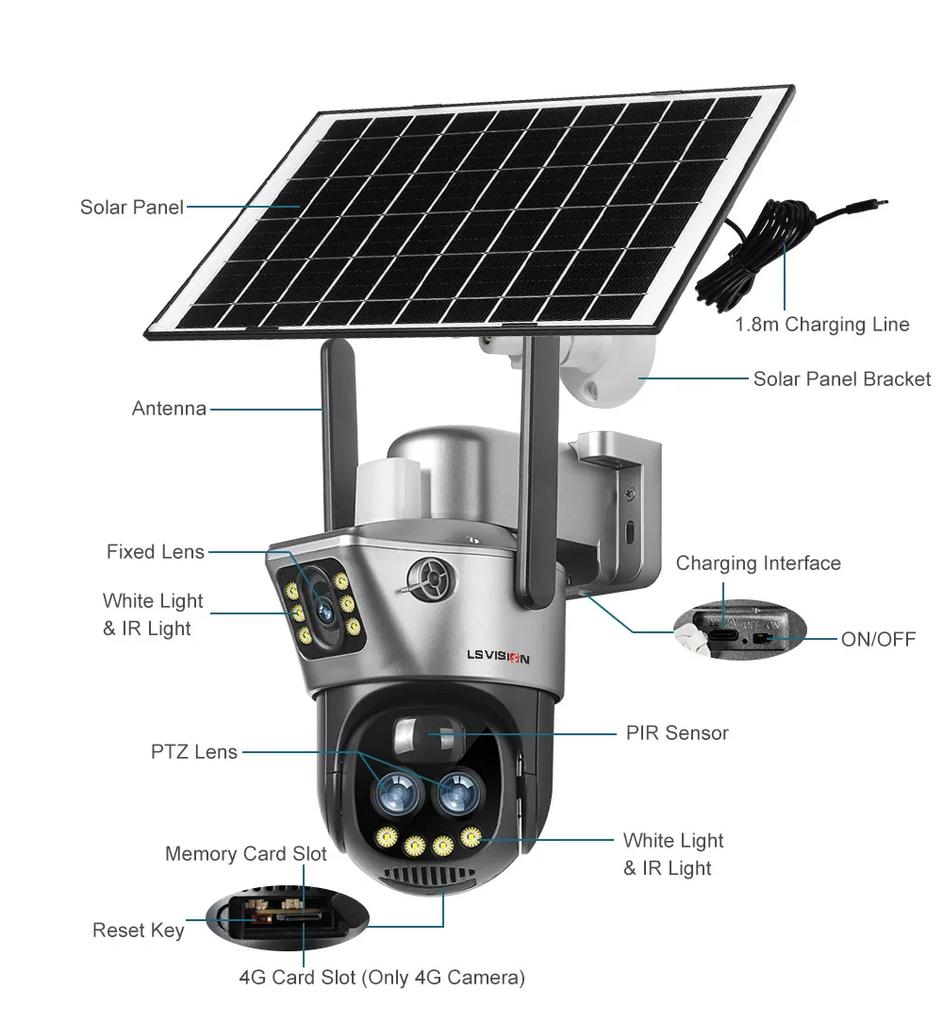 LS VISION Dual Screen WIFI Or 4G SIM Solar Camera 10X Zoom Outdoor Cameras With Light Alarm Auto Tracking PTZ CCTV Cameras IP66