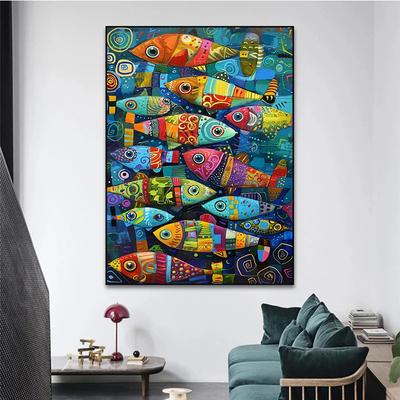 Pesci Colorati Astratti nel Mare Poster e Stampe su Tela Pittura Vintage Decorazione Murale per Pareti di Casa Cucina Senza Cornice