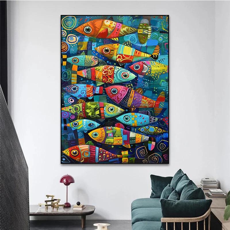 Abstract Colorful Fish In The Sea Canvas Posters and Prints Painting Vintage Home Kitchen Wall Art Decor Mural No Frame
