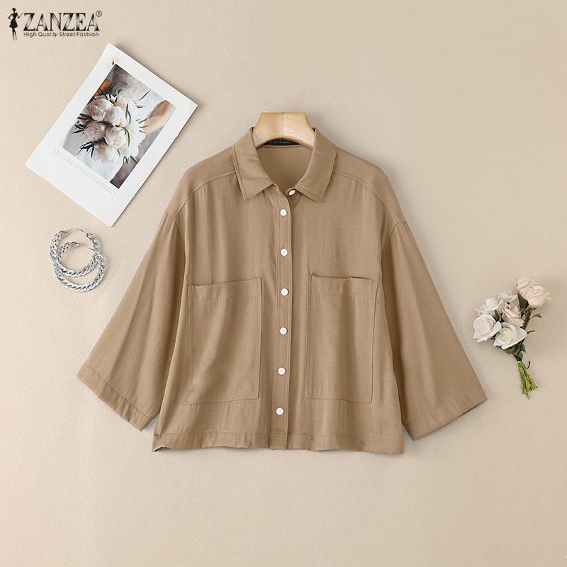 ZANZEA Women Casual Turn Down Collar 3/4 Sleeve Loose Blouse