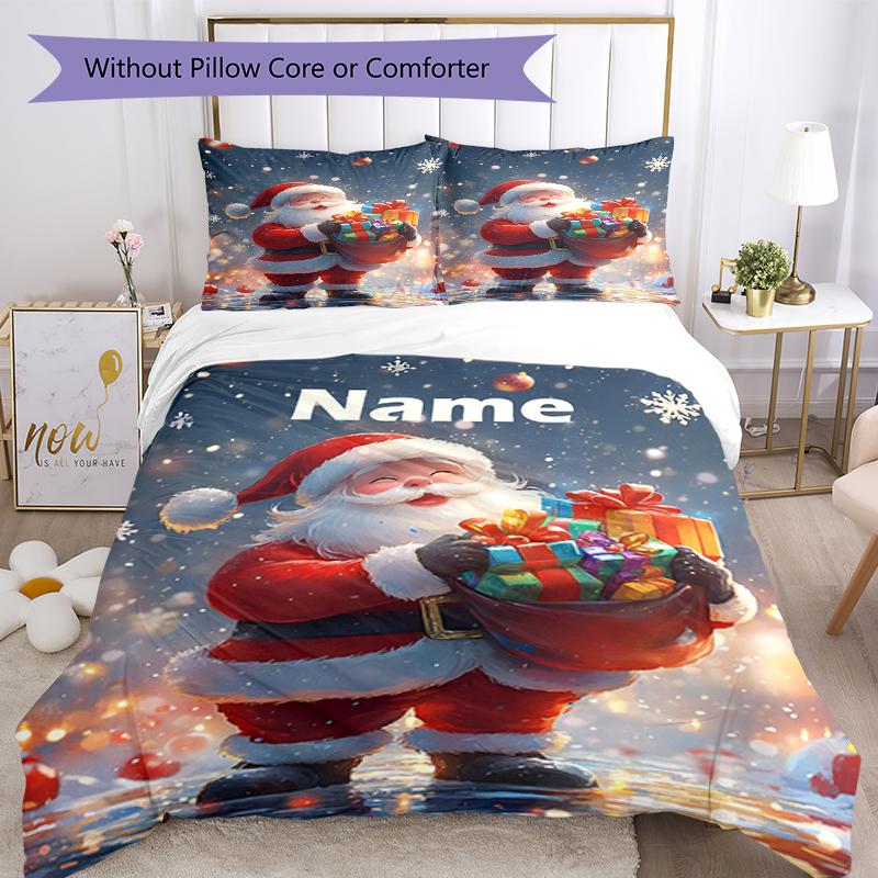 3pcs Custom Name Christmas Santa Claus Bedding Set Duvet Cover Closure Includes 1 Duvet Cover & 2 Pillowcases, Soft and Comfortable for All Seasons.