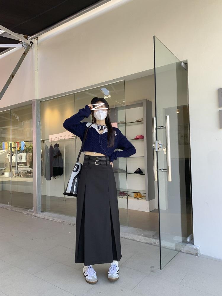 Vintage pásek Dlouhá sukně Dámské Podzim 90. léta Estetické streetwear Y2k Vysoký pas Úzká skládaná sukně do A Korejský styl