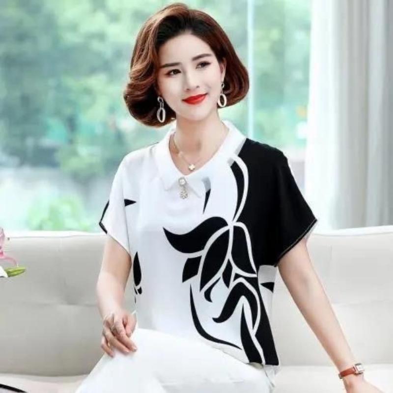 

Women Korean Fashion Print Bow Beaded Blouses Elegant Chic Short Sleeve Shirts Casual Loose Chiffon Tops Blusa Mujer Summer 4XL