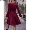 MODIQUE 2025 Spring New Women's Elegant Corduroy Solid Color Lantern Sleeves Elastic Waist Pleated Short Dress Ladies Casual A-Line V-Neck Dress