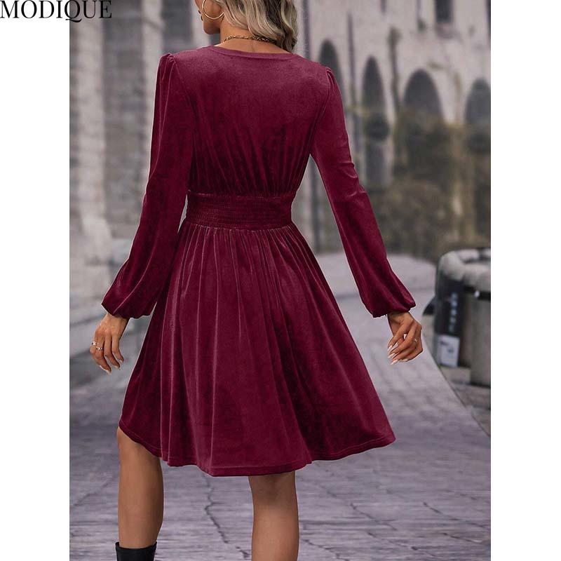 MODIQUE 2025 Spring New Women's Elegant Corduroy Solid Color Lantern Sleeves Elastic Waist Pleated Short Dress Ladies Casual A-Line V-Neck Dress