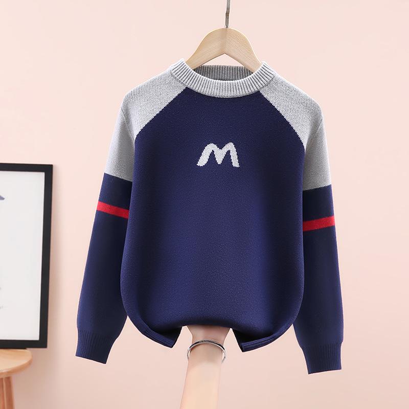 

Boys Thick Fleece-Lined Cotton Sweater: Knit Pullover for Big Kids - Round Neck, Trendy Fall/Winter Base Layer 130 cm