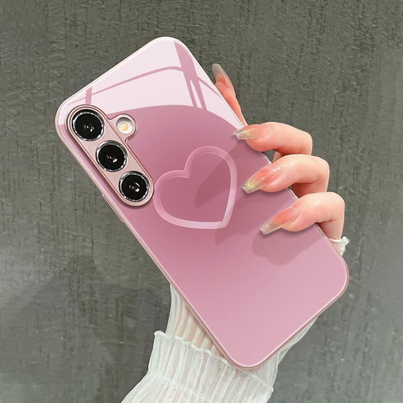 Pink plain circle heart-shaped pattern glass phone case for Samsung Galaxy S26 S25 S24 S23 S22 S20 fe/plus/ultra anti drop