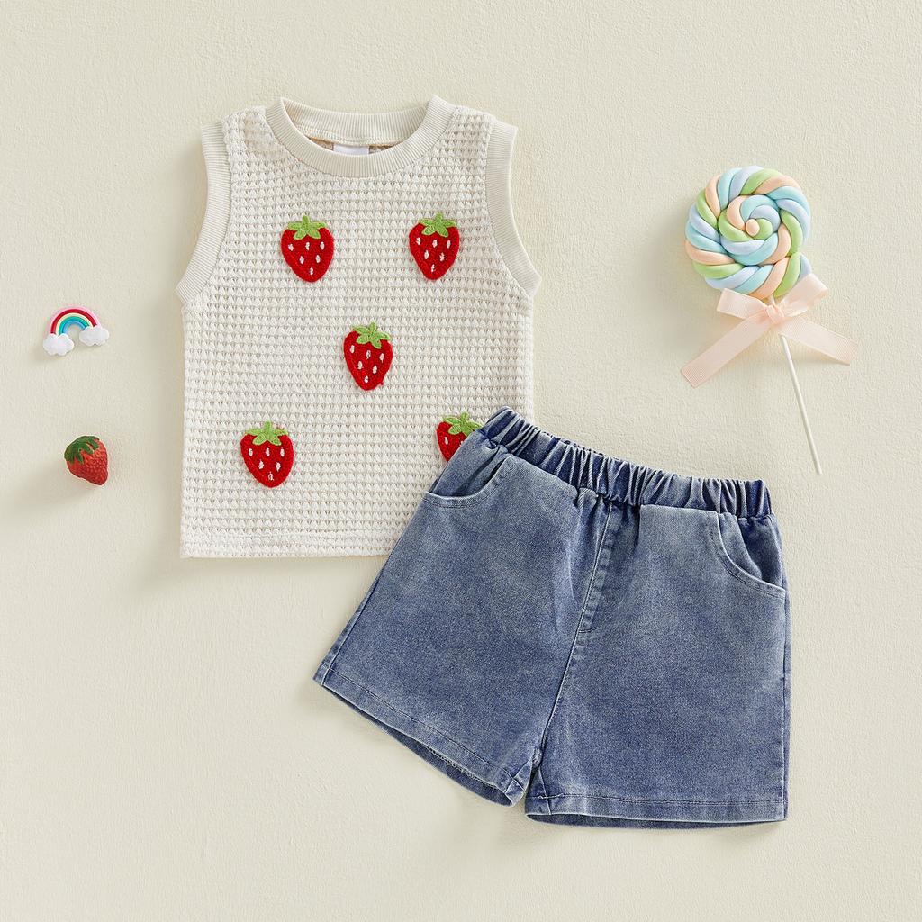 Toddler Baby Girl Summer Outfit 3D Strawberry Tank Tops and Denim Shorts 2 Piece Set