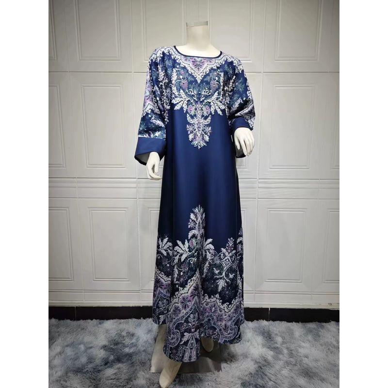 

New Arrival Djellaba Pullover Printed Rhinestones Dress Printed Diamond Studded Dress Navy blue L