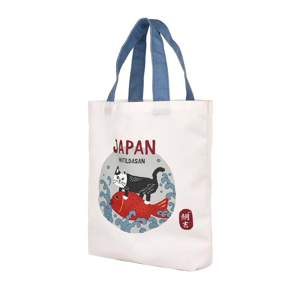 canvas tote Matilda and Sea Bream OW [Kusuguru Japan] Japanese-patterned bag,