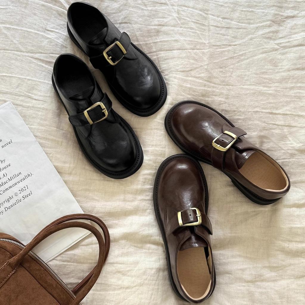 Natural roll same leather loafers women's retro British style platform small leather shoes Velcro square buckle thick heel single shoes