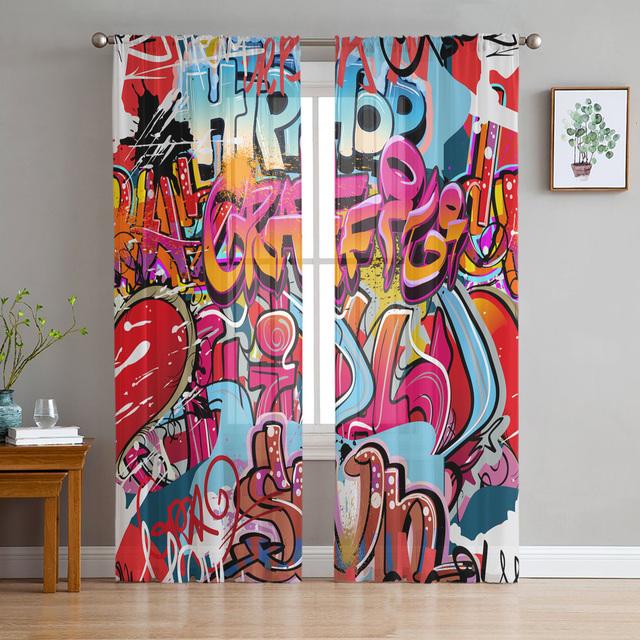Blue Explosion Punk Graffiti Tulle Curtains For Living Room Bedroom Transparent Tulle Curtains Window Drapes Sheer Voile Curtain