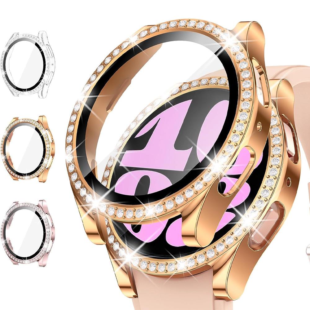 Bling Case for Samsung Galaxy Watch 6 Screen Protector 40mm 44mm Tempered Glass Diamond Bumper Cover Galaxy Watch 4 Accessories