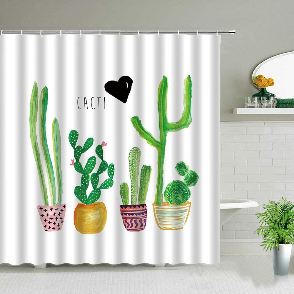 Hower Curtains of Textile Water Color Cactus Flower Tropical Plants Colorful Succulents Pattern Bathroom Shower Curtain Set