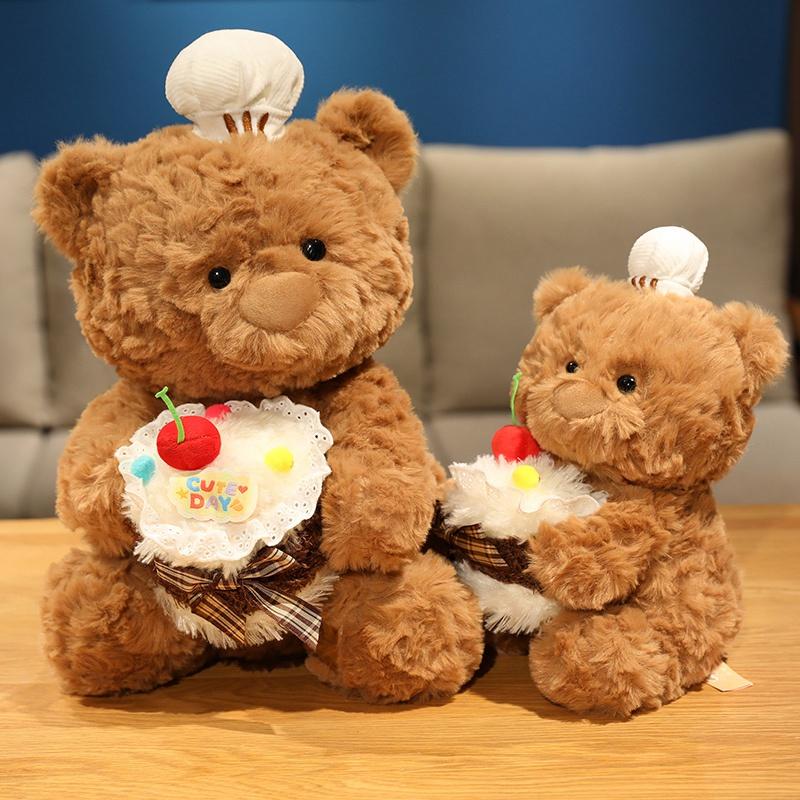 Cartoon Chef Bear Plush Toy Cute Birthday Cake Teddy Bear Soft Stuffed Baby Doll Boys Girls Sleep Pillow Birthday Christmas Gift