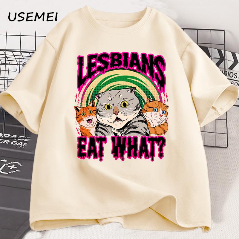 Lesbians Eat What Cat T Shirt Vintage LGBT Pride Month T-shirt Funny Graphic T Shirts Short Sleeve Cotton Tee Men Clothes
