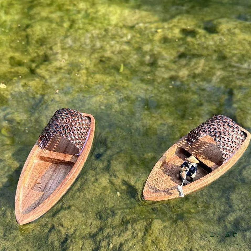 Retro Solid Wood Boat Model: Floating Fish Tank Ornament & Home Decor Toy