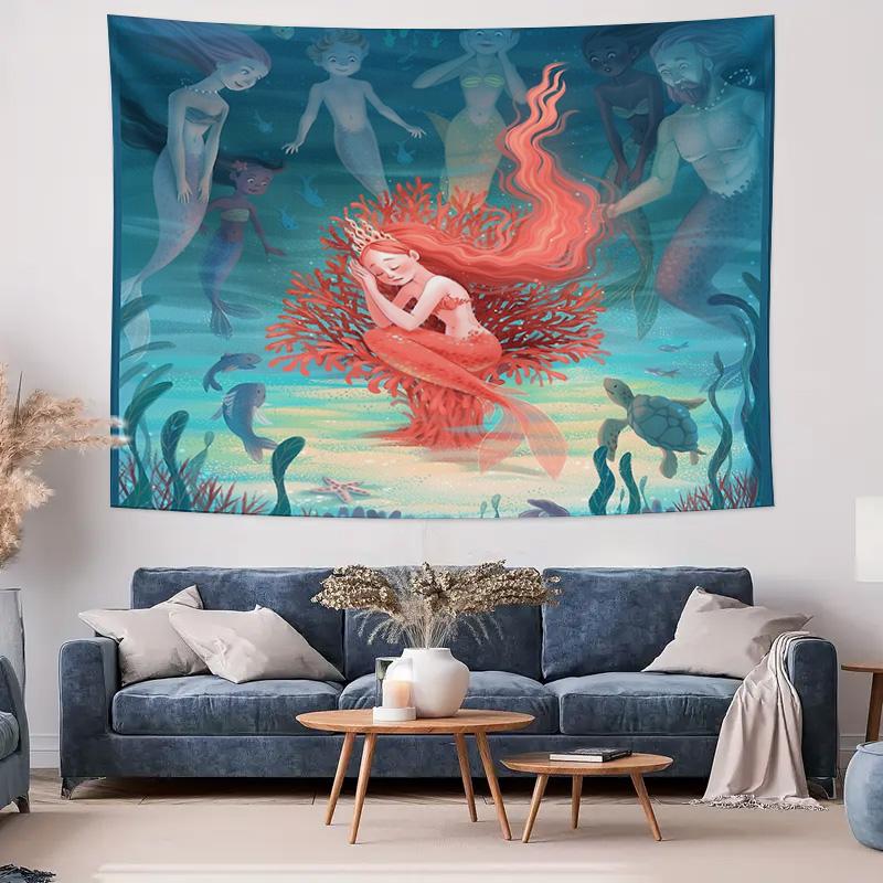 Ocean Mermaid Wall Tapestry Vintage Sea Wave Backdrop Nature Home Decor Bedroom Living Room Aesthetic Room Decor Gift