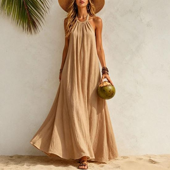 Rochie Maxi de Vară din In pentru Femei cu Gât Halter, Fără Mâneci, Linie A, Largă, Casual, Lungă, Rochie de Soare Floare pentru Plajă