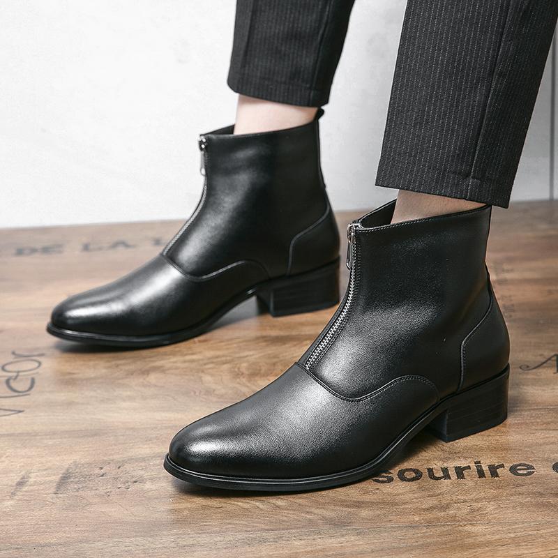 Fashion Designer Brand Men's Genuine Leather Shoes Fashion High Top Shoes Men's Short Boots Zipper Pointed Cotton Shoes New Boots