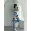 High Street Straight Fake Two Ripped Jeans Summer Women Blue Washed Zipper Removable Fashion High Waist Thin Loose Denim Pants