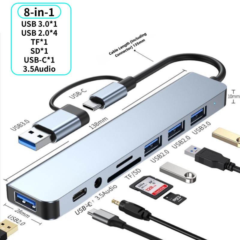 7/8Port USB C Hub Expander Multiport Adapter TypeC Splitter Dock USB3.0 Port for Xiaomi Phone Tablet Fast Data Transfer Charging