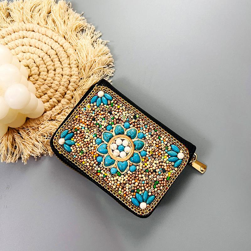 Ethnic Style Card Holder - Multi-layer Premium Hand-feel Vintage Delicate Beaded Zipper Pocket