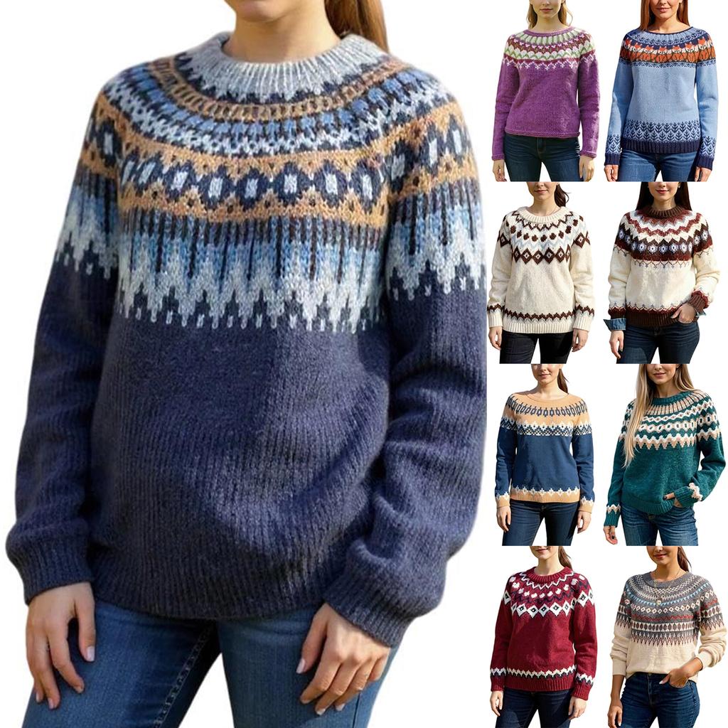 Ladies' Fashion Sweater, Round Neck,Loose Pullover Long-sleeved Knitted Sweater