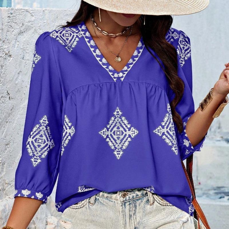 Summer New Fashion Printed V-neck Loose Blouse Women Seven Quarter Sleeve Casual Women's Shirts Tops Vintage Simple Slim Fit Female Blouses 26426