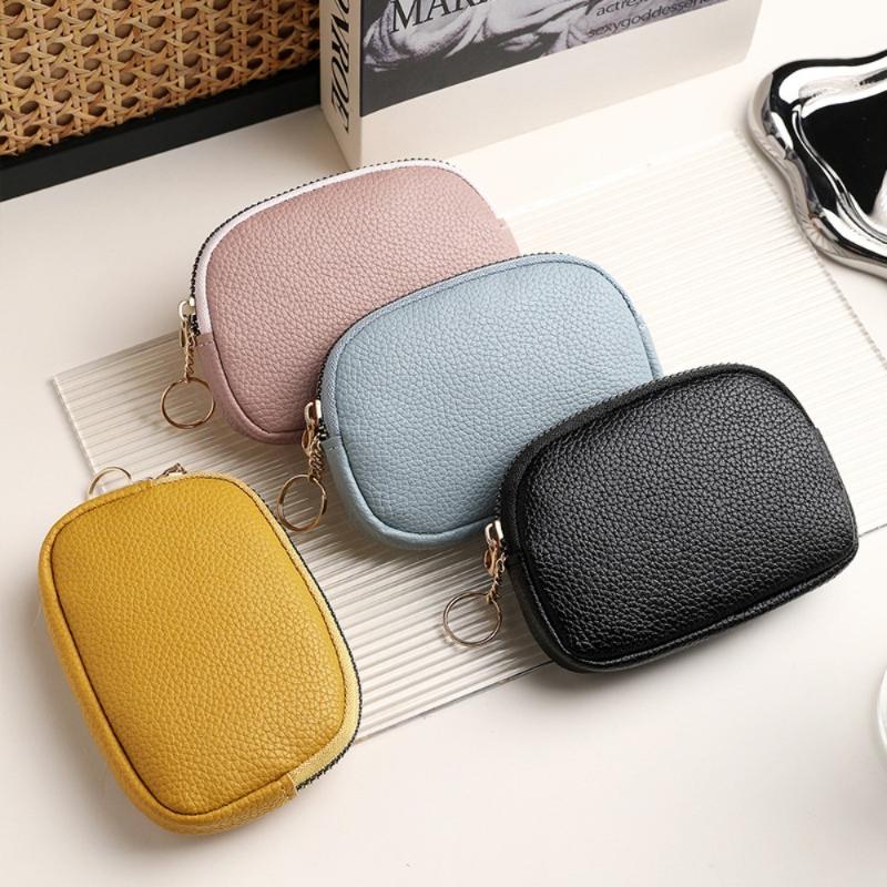 Brown Litchi Grain Pu Leather Coin Purse With Sturdy Zipper Key Ring For Daily Use Carry Cash Cards Lipstick Small Essentials