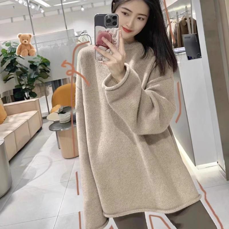 Women's European-Style Cashmere Sweater: Loose, Thick, Round Neck, Mid-Length, Pure Wool for Autumn & Winter.