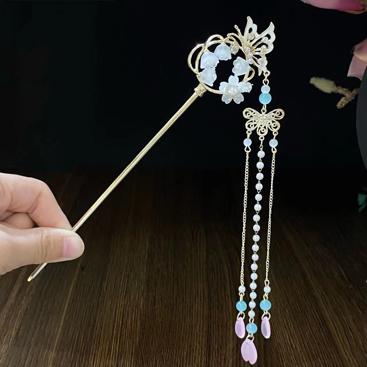 

New Butterfly Tassel Hairpin Vintage Chinese Style Flower Jewelry Hair Stick For Women Girls Hanfu Elegant Hair Accessories белый