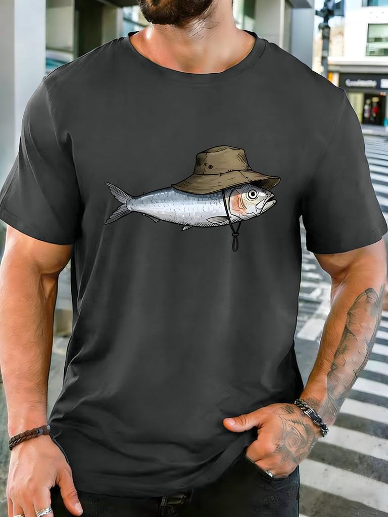 Unisexs Navy Crew Neck Tee Funny Fisherunisex Hat Silver Fish Graphic Print Loose Summer Street Daily Basic Short Sleeve Casual Top