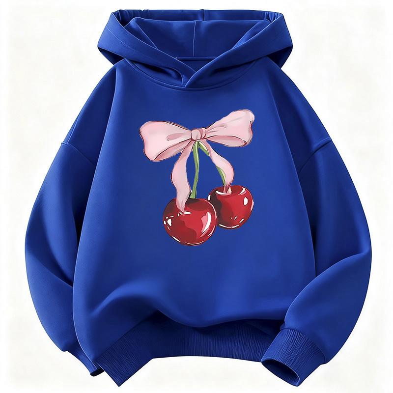 Kız Sweatshirt Y2k Fiyonklu Kirazlı Moda Tasarım Çocuklar İçin Sevimli Kapüşonlu Sweatshirt Erkek Kız Sonbahar İlkbahar Günlük Kapüşonlular