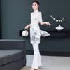 Spring/Summer Retro Ink Print Cheongsam & Trousers Zen Tea Suit - National Style Beauty Salon Workwear.