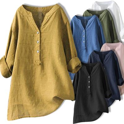 Vintage Kadınlar Düğme Ön Tunik Gömlek Gevşek Rahat Uzun Kollu Düzensiz Bluz Üstleri