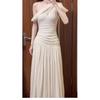 Large Size French Sexy Slanted Shoulder Design Kinked Dress Holiday Style Temperament Beautiful Long Dress
